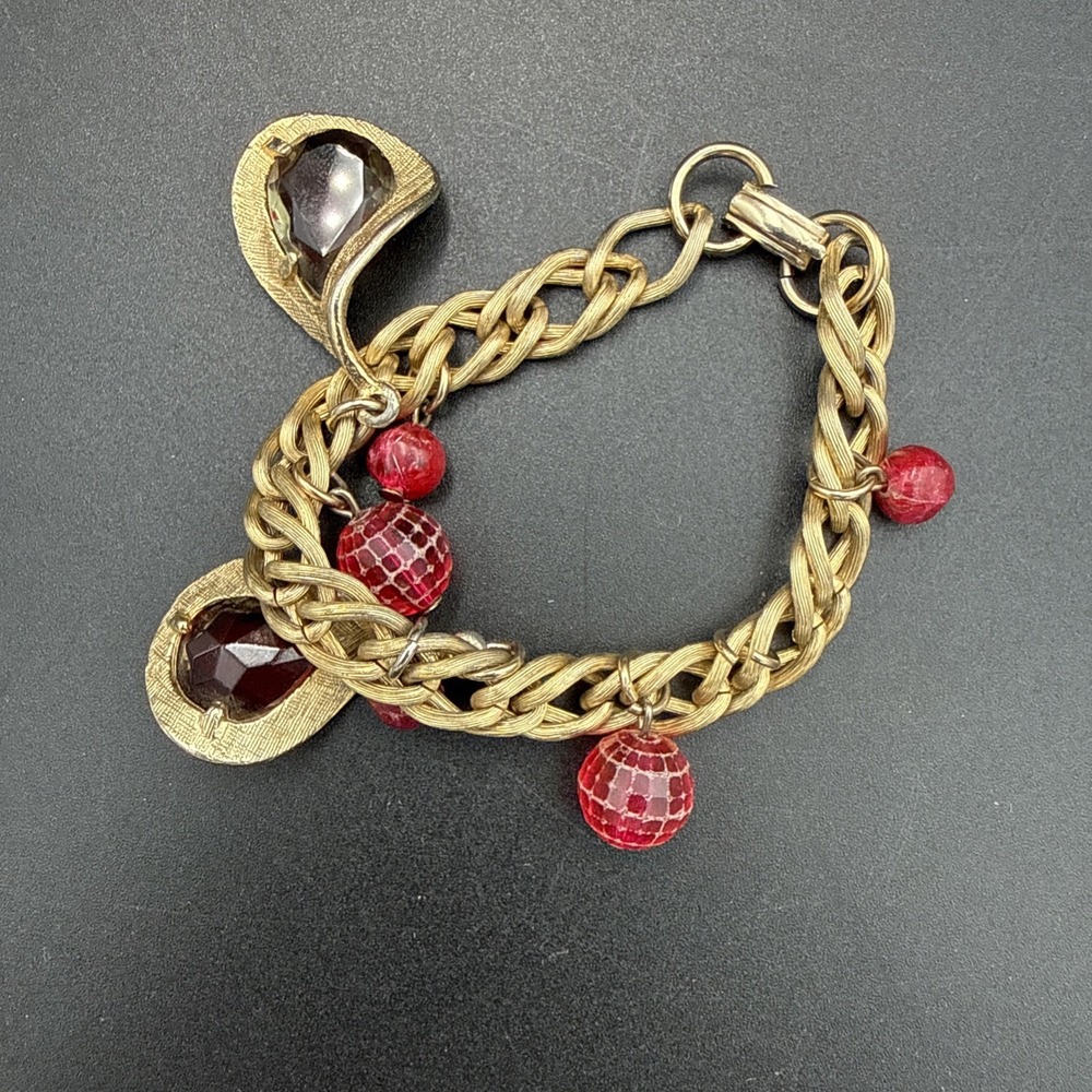 Vintage Gold Tone Charm Bracelet With Red Accents Costume